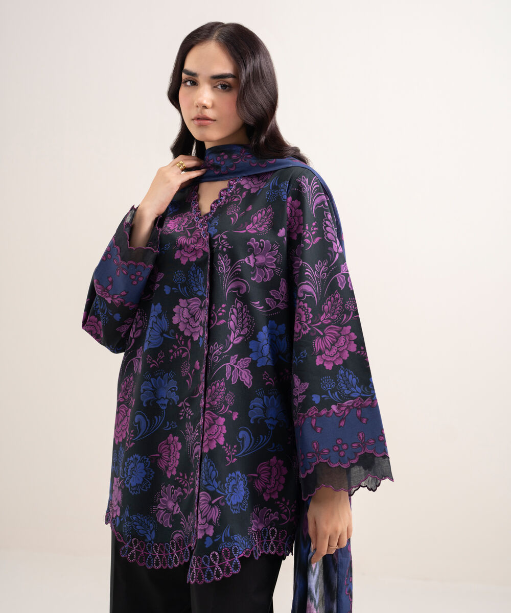 Women's Unstitched Lawn Embroidered Black 2 Piece Suit