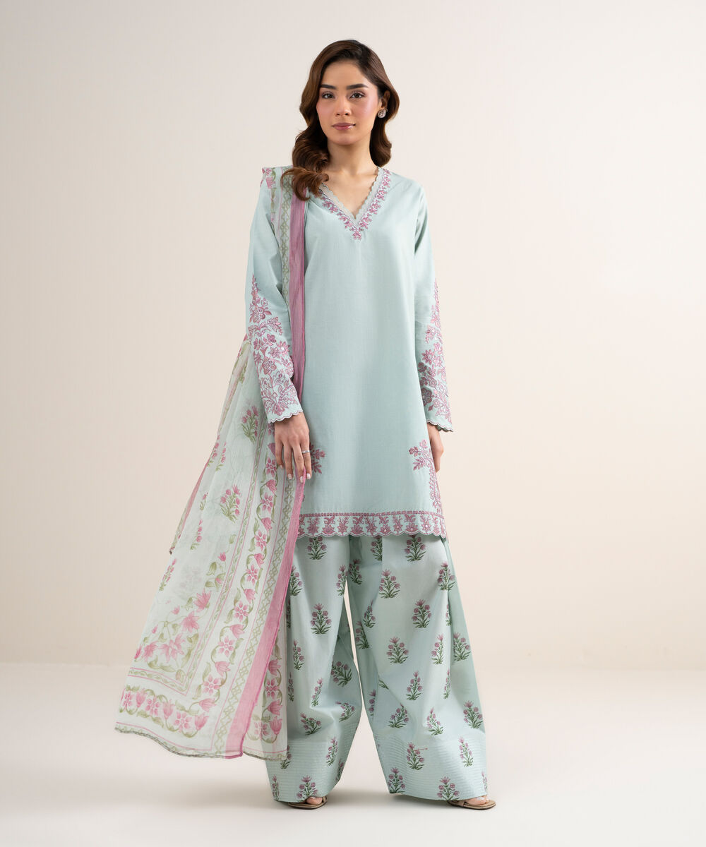 Women's Unstitched Textured Lawn Embroidered Blue 3 Piece Suit