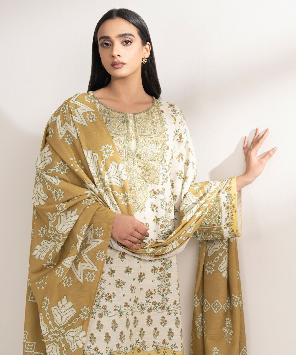 Women's RTW Khaddar Embroidered Off White 3 Piece Suit