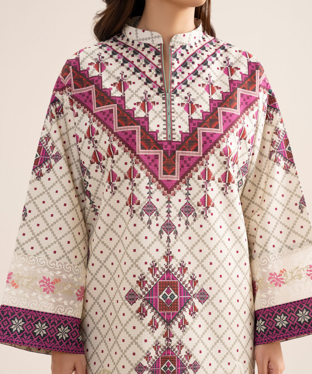 Women's Unstitched Zari Cotton Embroidered Off White  3 Piece Suit