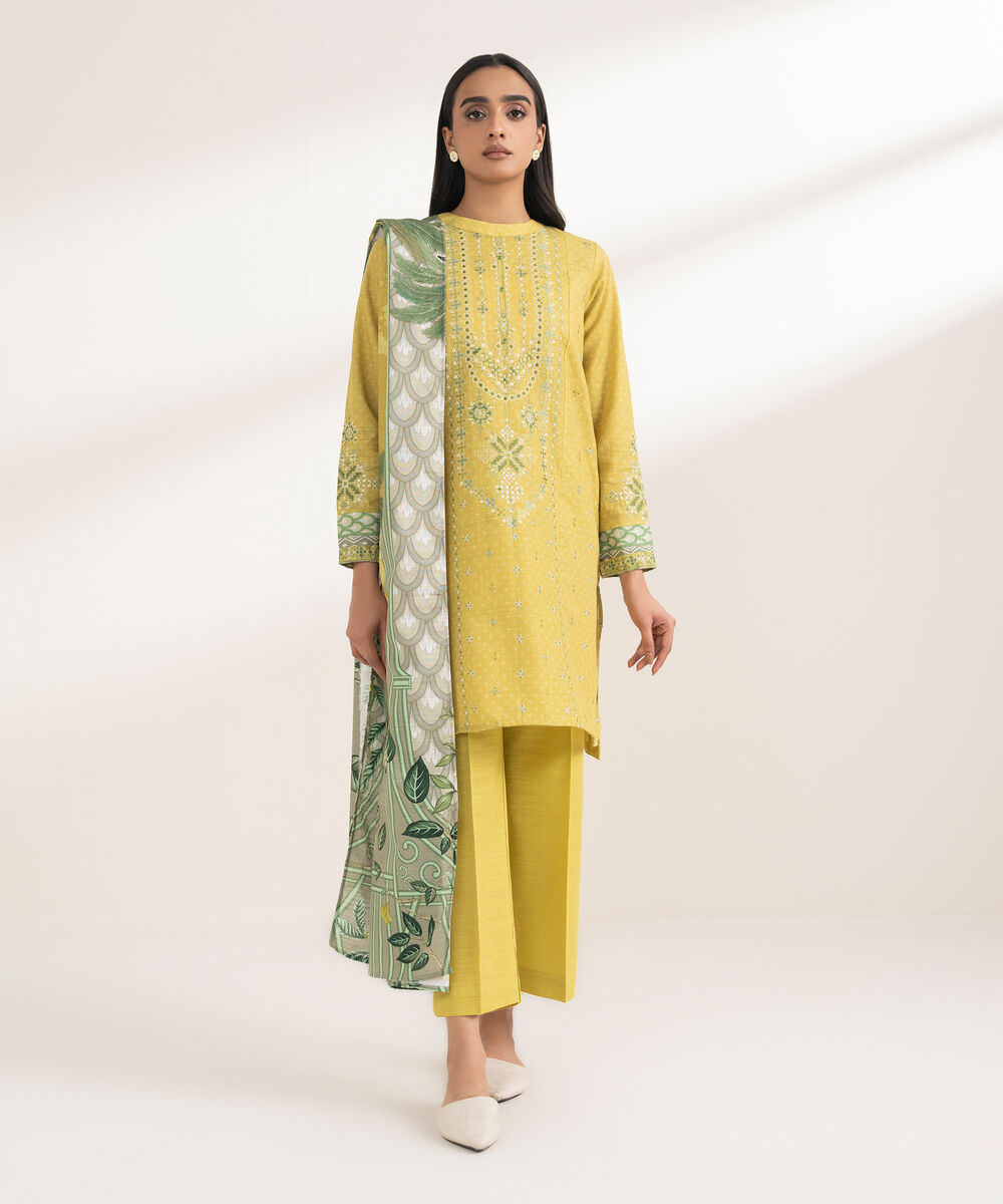 Women's RTW Khaddar Embroidered Yellow 3 Piece Suit