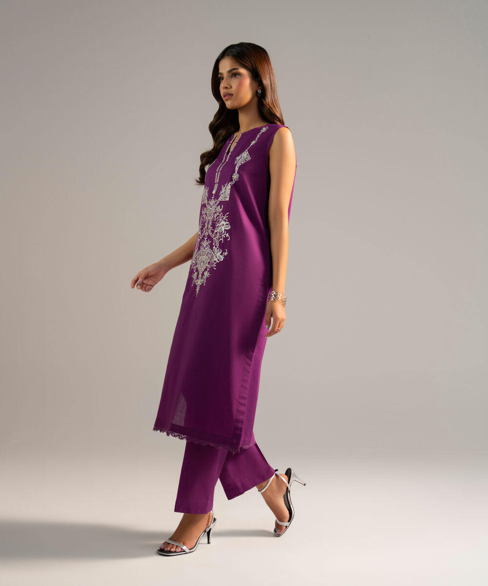 Women's RTW Crosshatch Embroidered Purple Straight Shirt