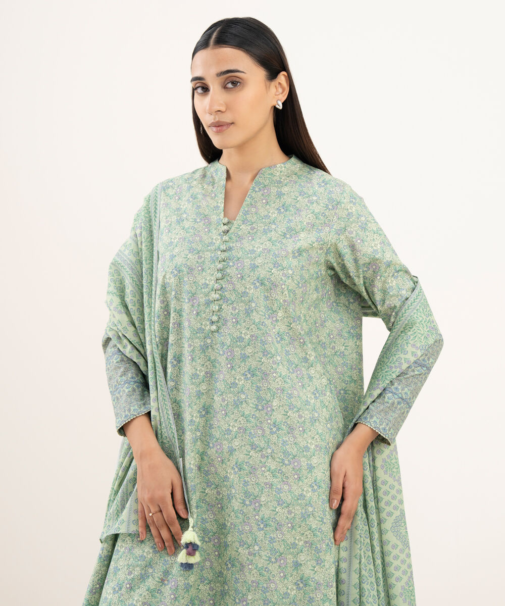 Women's Unstitched Cotton Printed Green 3 Piece Suit