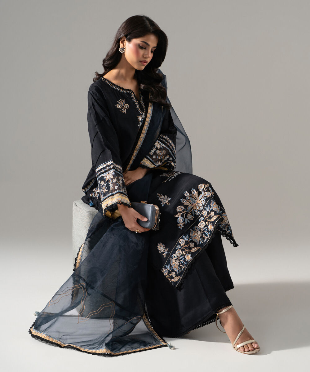 Women's RTW Raw Silk Solid Embroidered Black 3 Piece Suit