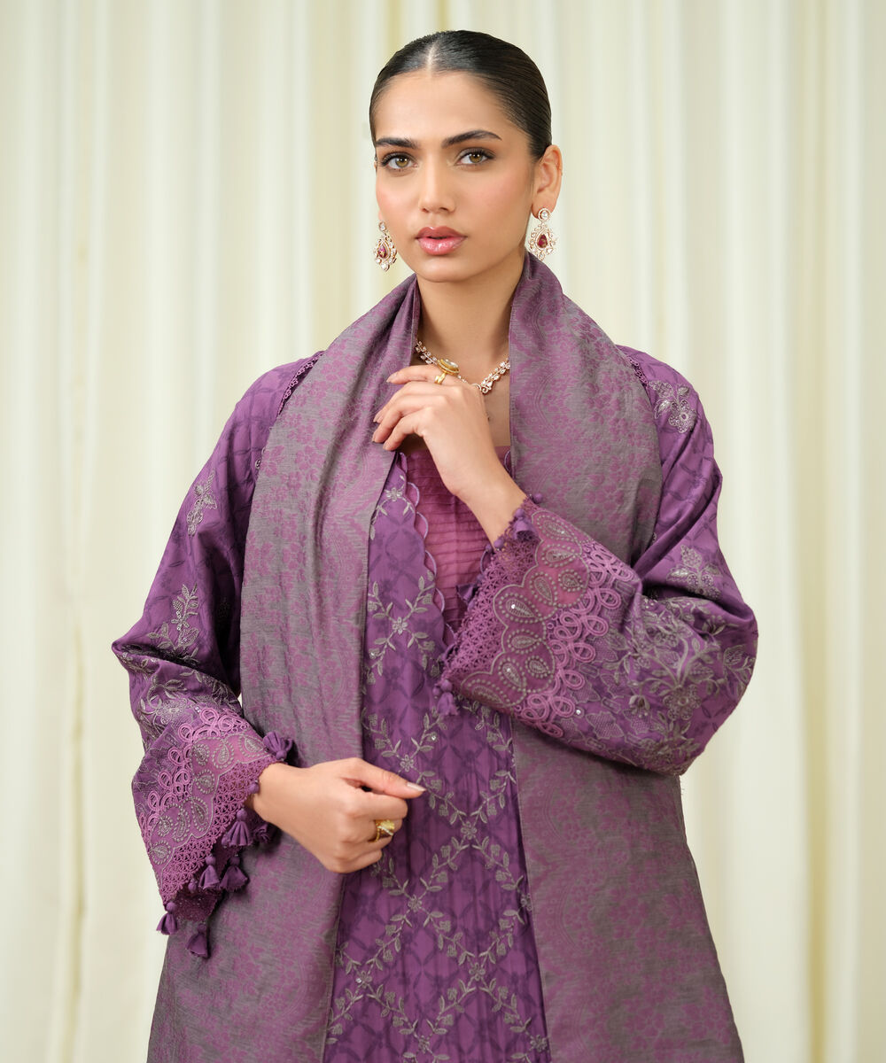 Women's Unstitched Linen Jacquard Embroidered Purple 3 Piece Suit