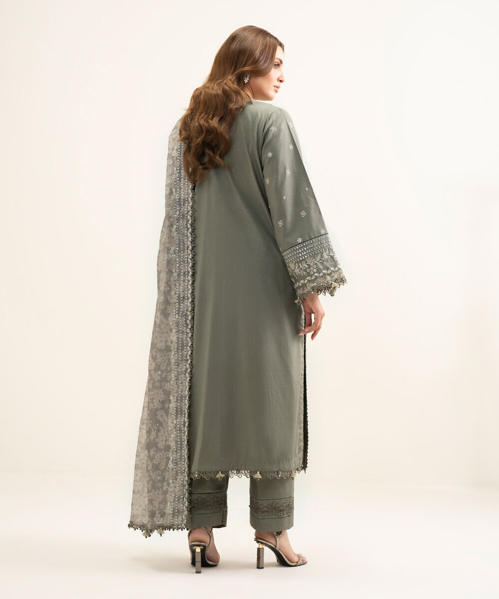 Women's Unstitched Fine Cotton Satin Embroidered Grey 3 Piece Suit