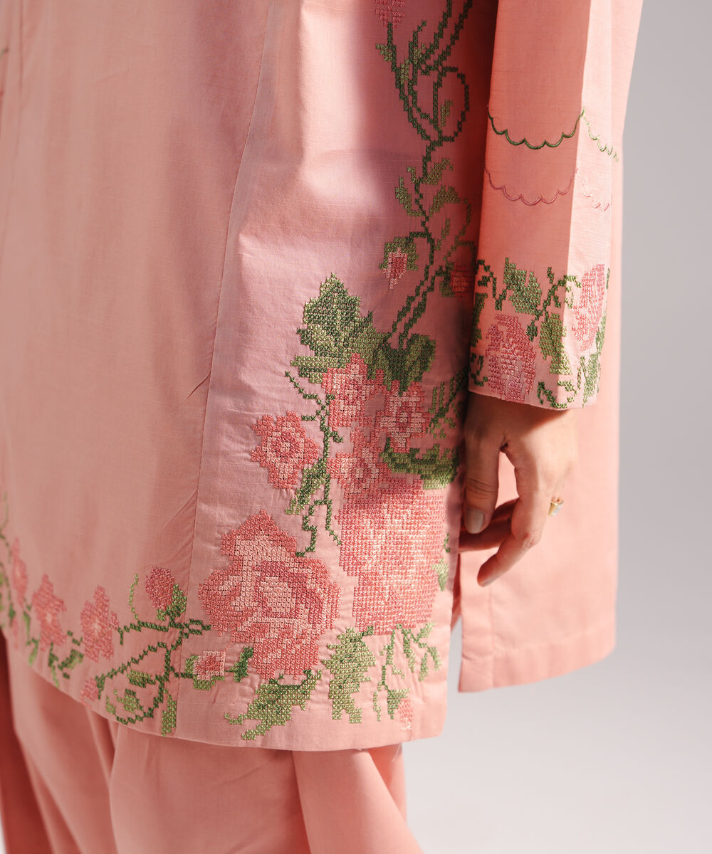 Women's RTW Slub Lawn Embroidered Straight Peach Shirt