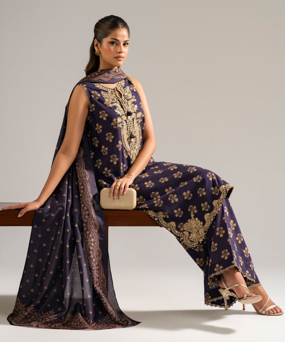 Women's RTW Dobby Embroidered Purple 3 Piece Suit