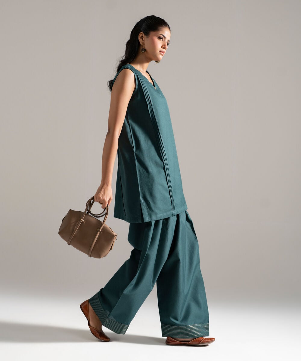 Women's RTW Cotton Linen Solid Grey 2 Piece Suit