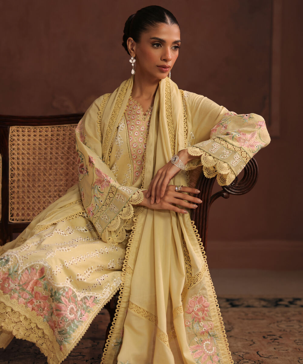 Women's RTW Self Jacquard Solid Embroidered Pale Yellow 3 Piece Suit