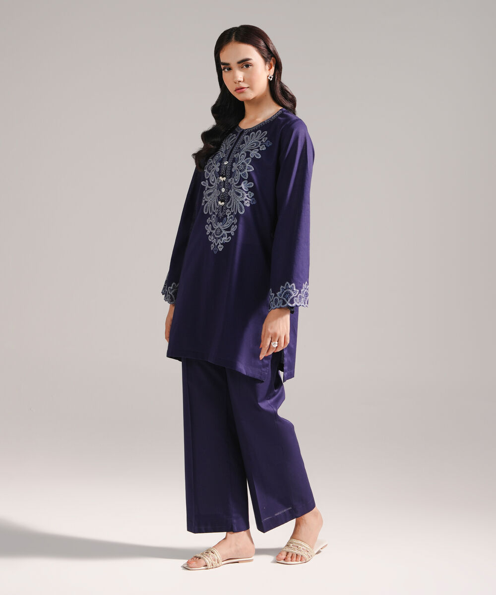 Women's RTW Cross Hatch Embroidered Dark Blue Straight Shirt