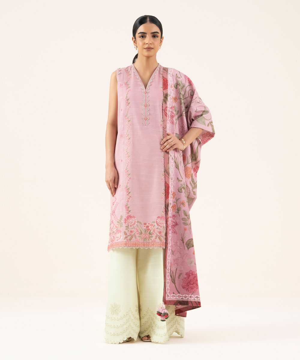 Women's Unstitched Khaddar Embroidered Pink 2 Piece Suit