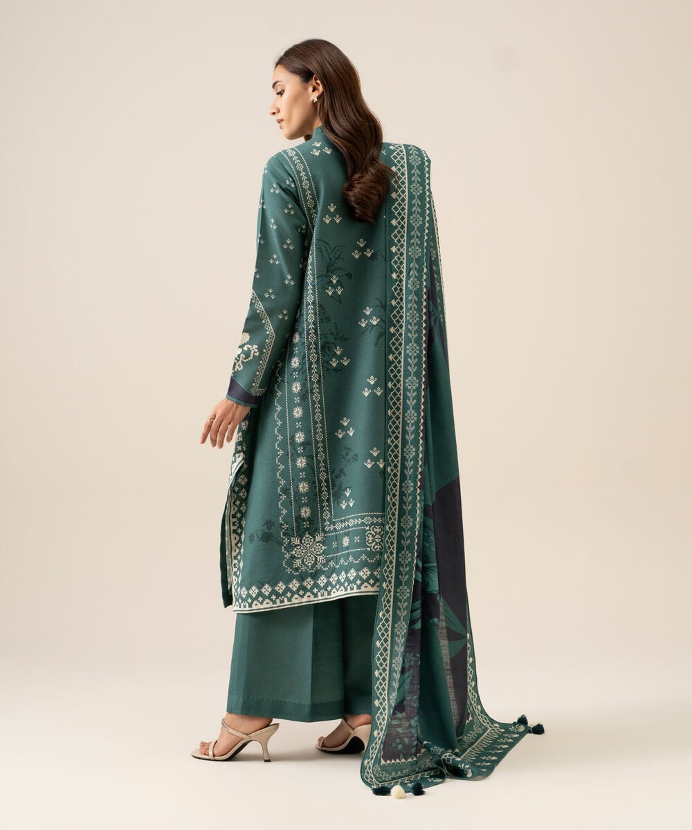 Women's Unstitched Premium Khaddar Printed Green 3 Piece Suit