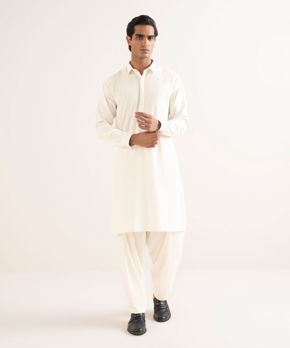 Men's Stitched Textured Wash & Wear Off White Suit