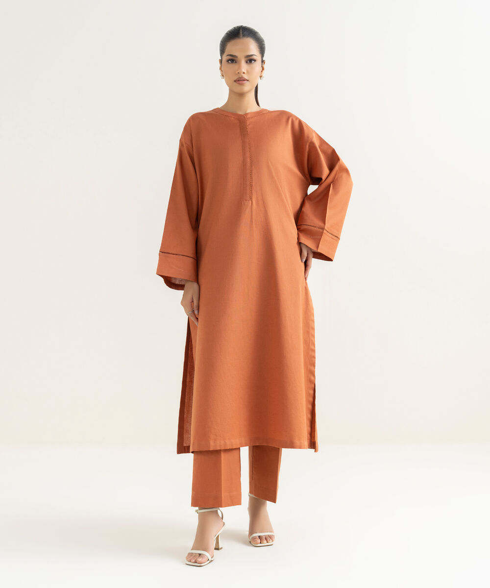 Women's RTW Cotton Linen Orange Solid Drop Shoulder Shirt