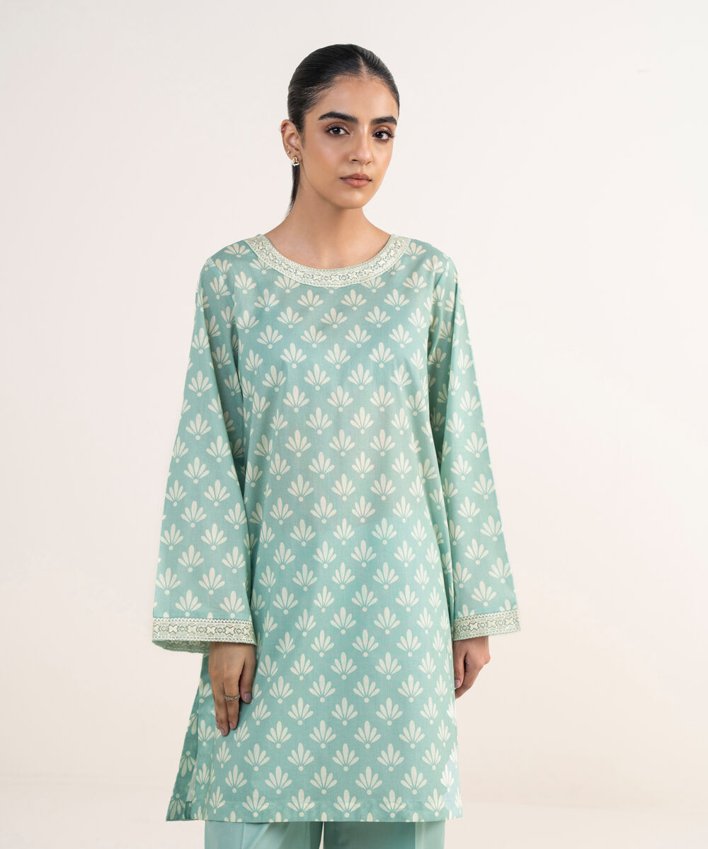 Women's RTW Lawn Teal Embroidered Straight Shirt