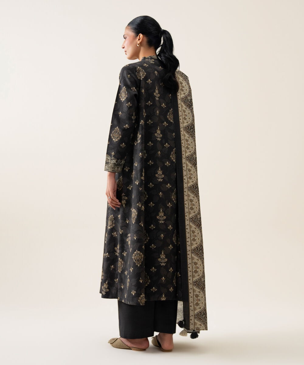 Womens Unstitched Light Khaddar Printed Dark Grey 3 Piece Suit