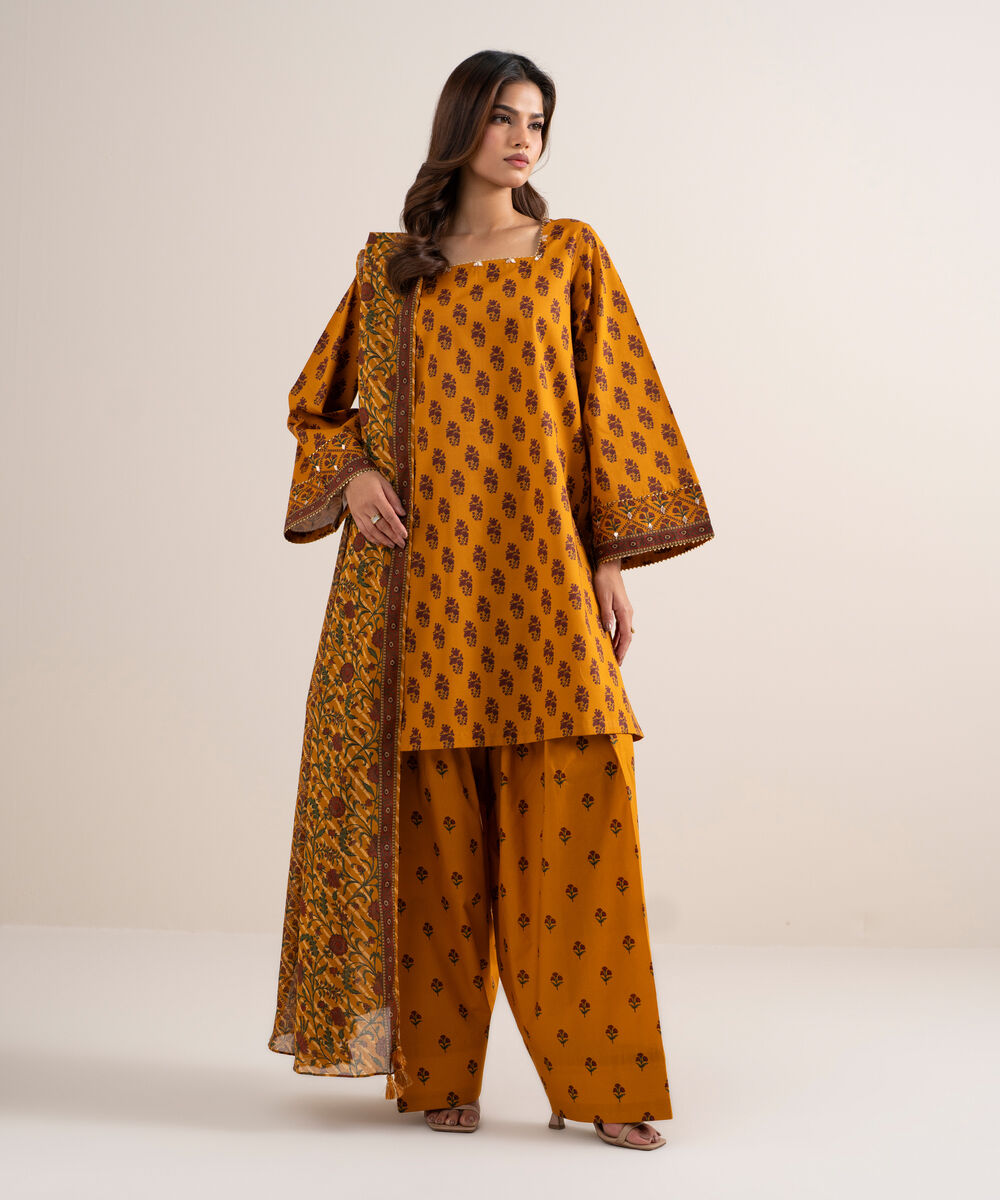 Women's Unstitched Lawn Printed Yellow and Red 3 Piece Suit