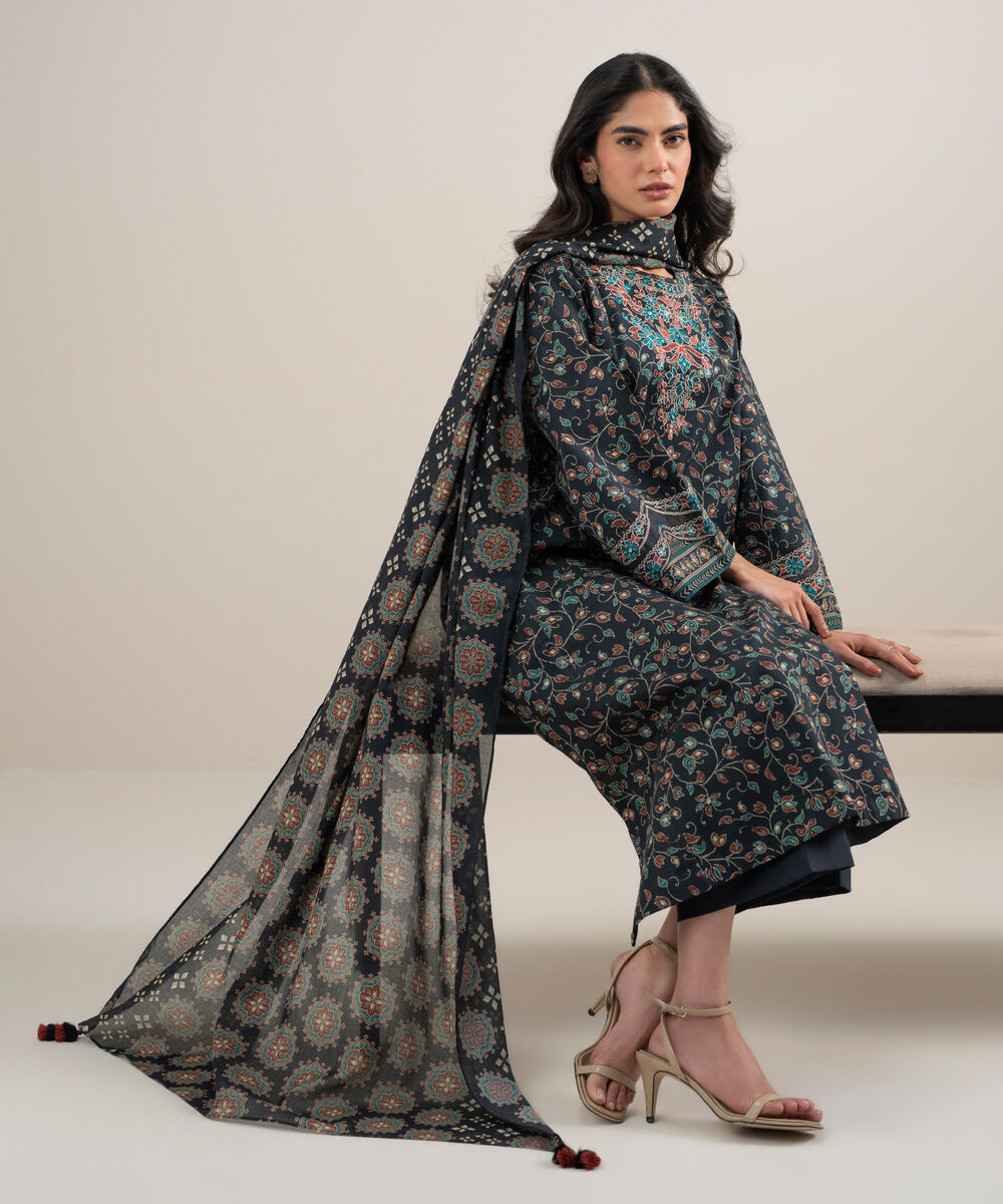 Women's Unstitched Lawn Embroidered Black 3 Piece Suit