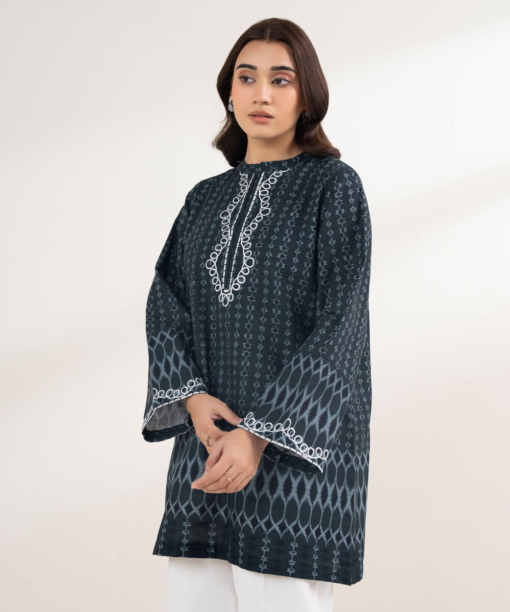 Women's RTW Khaddar Embroidered Black Shirt