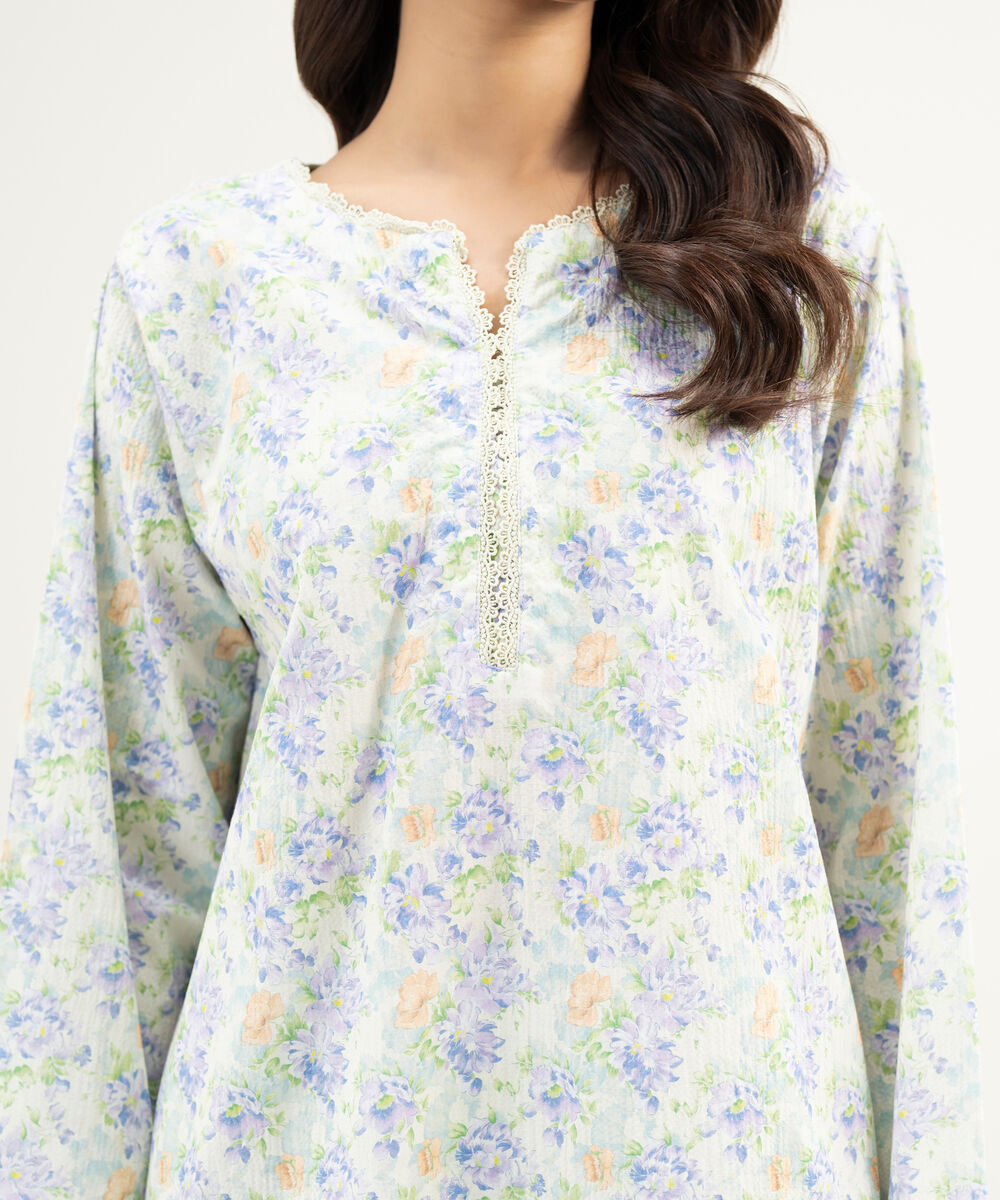 Women's RTW Seersucker Printed Mint Green Straight Shirt