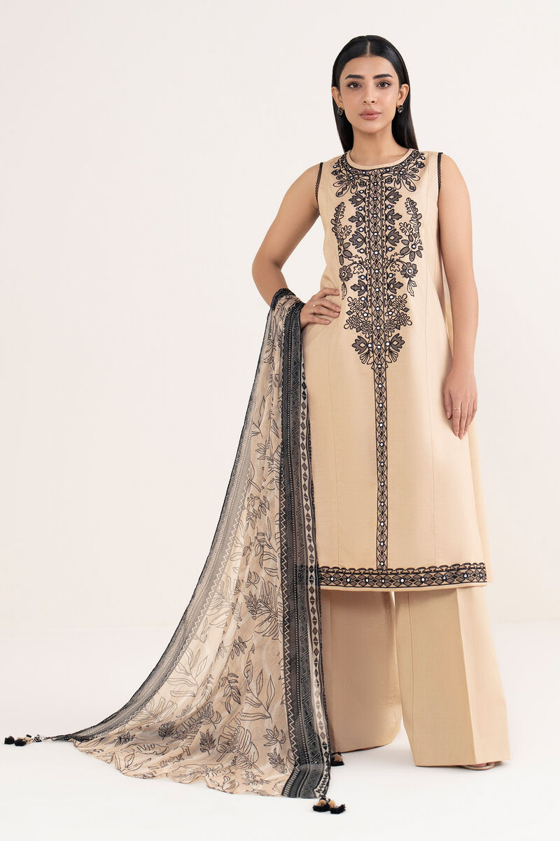 3 Piece -  Embroidered Textured Cotton Suit