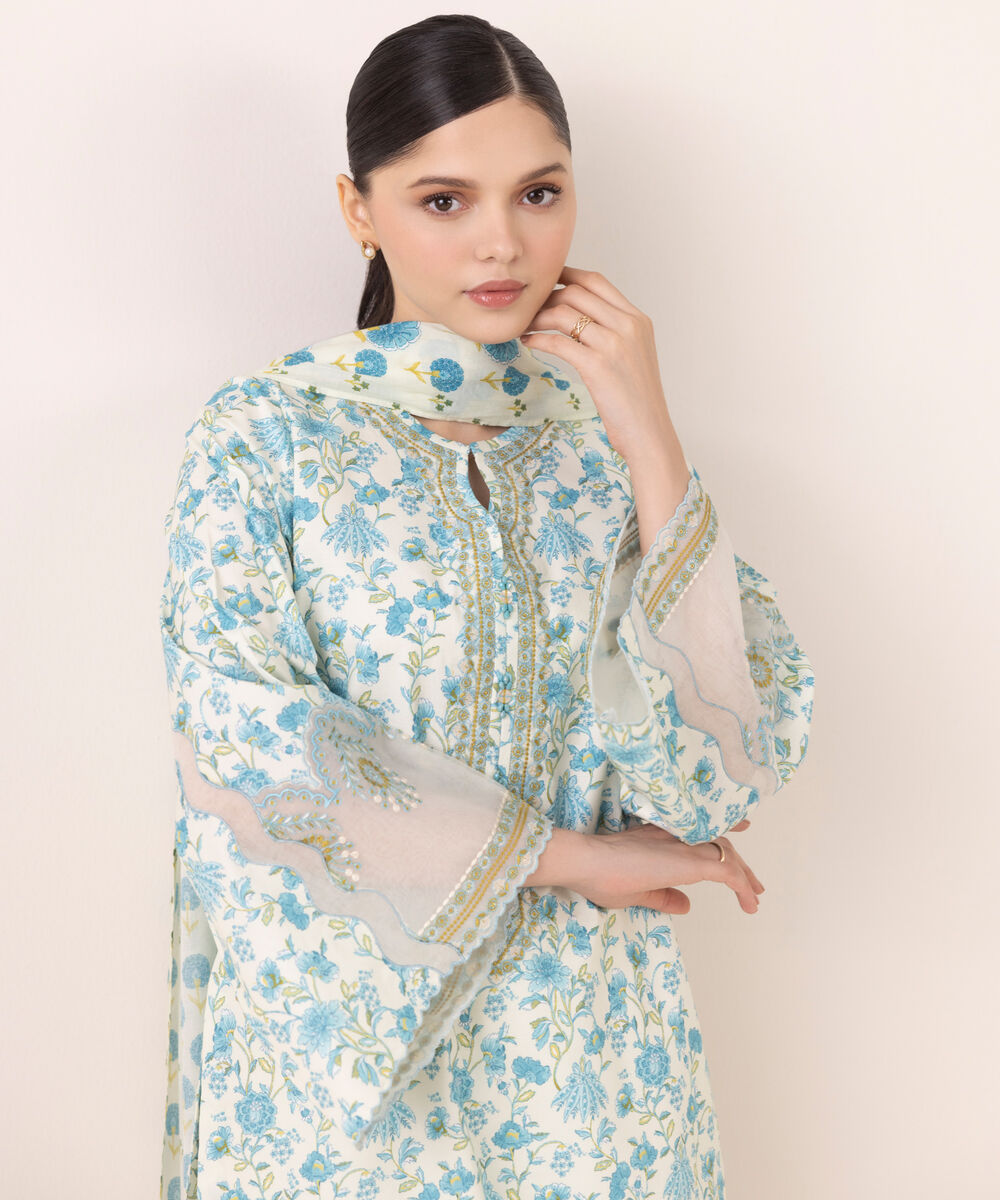 Women's Unstitched Cotton Embroidered Multi Three Piece Suit