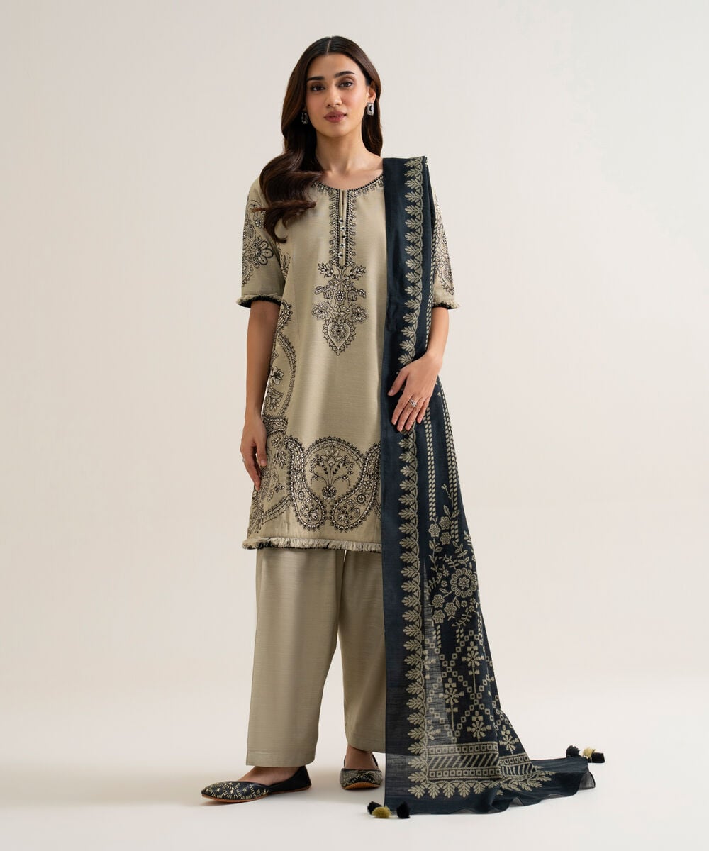 Womens Unstitched Light Khaddar Embroidered Black And Dull Brown 3 Piece Suit