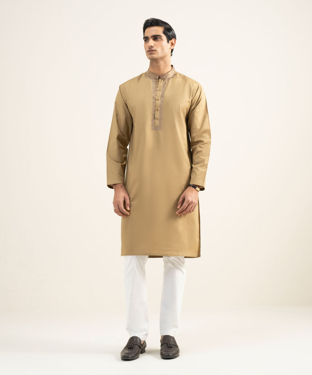 Men's Stitched Cotton Jacquard Khaki Kurta