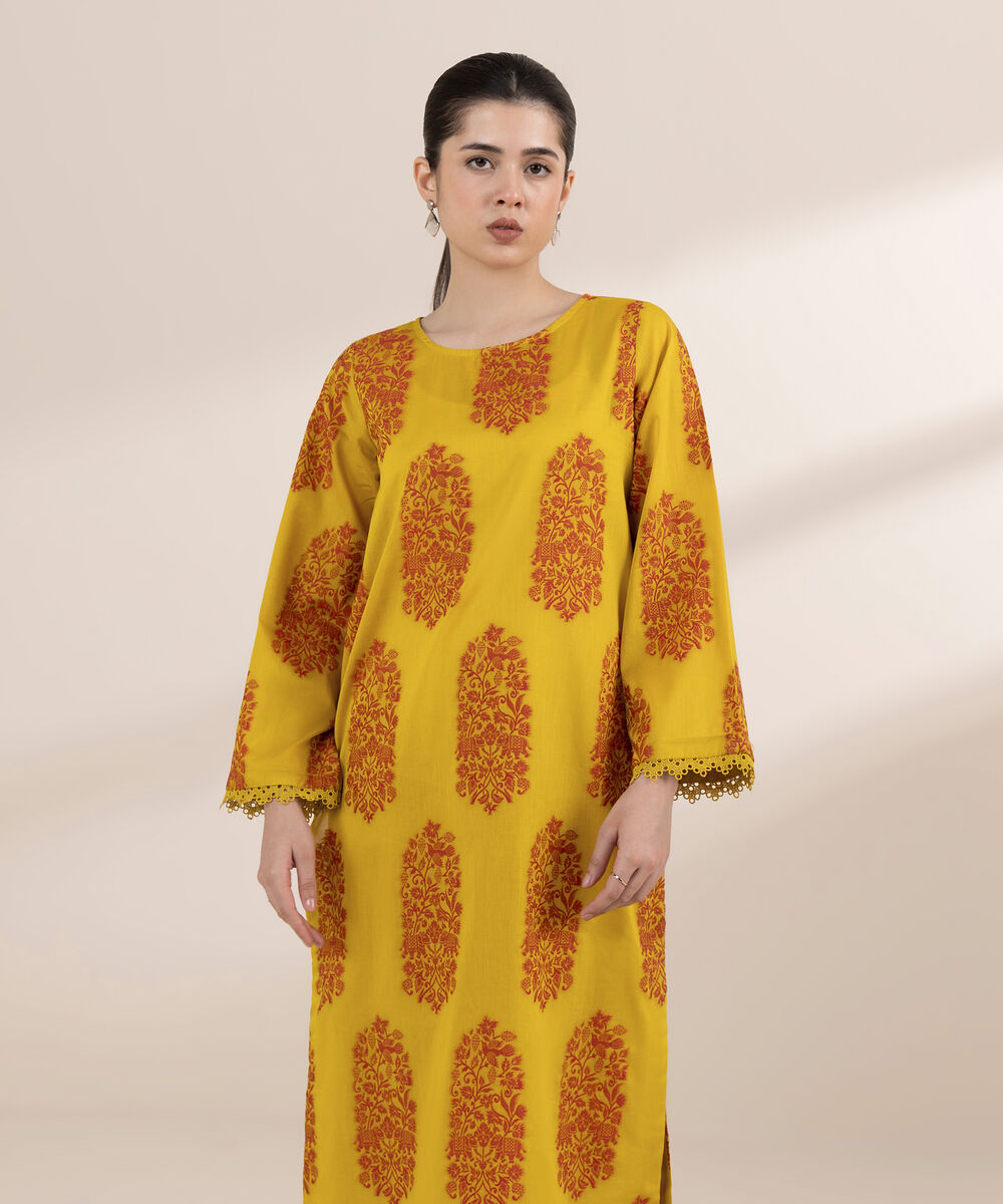 Women's RTW Extra Weft Jacquard Yellow Solid A-Line Shirt