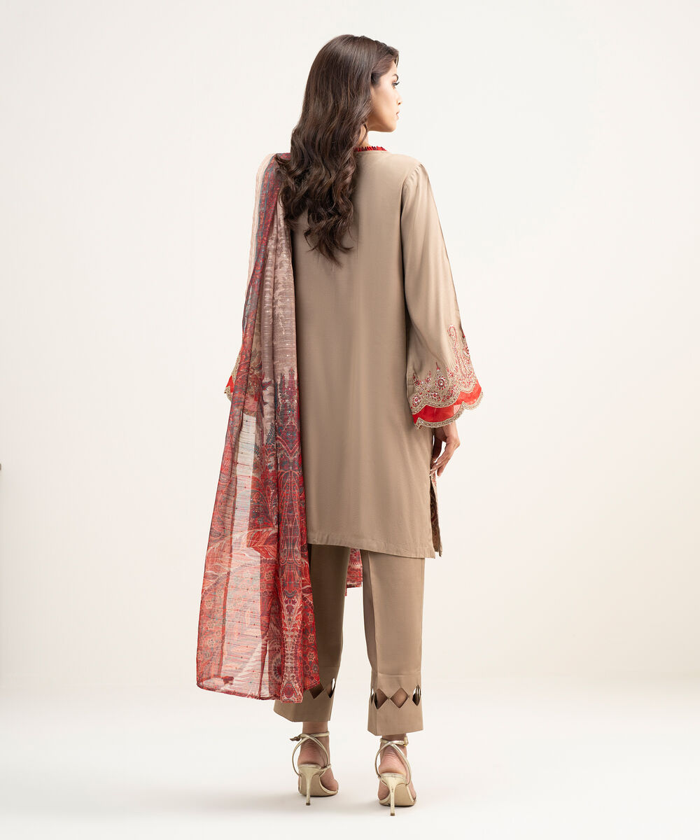 Women's RTW Viscose Raw Silk Embroidered Brown 3 Piece Suit