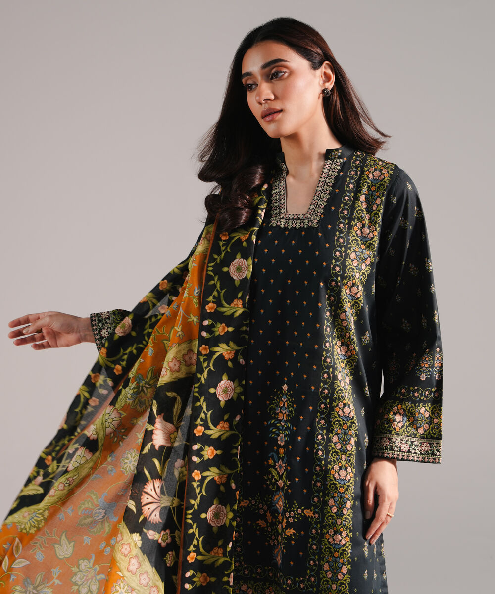 Women's RTW Lawn Printed Black 3 Piece Suit