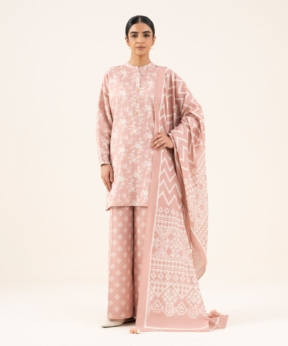 Women's Unstitched Light Khaddar Printed Pink 3 Piece Suit