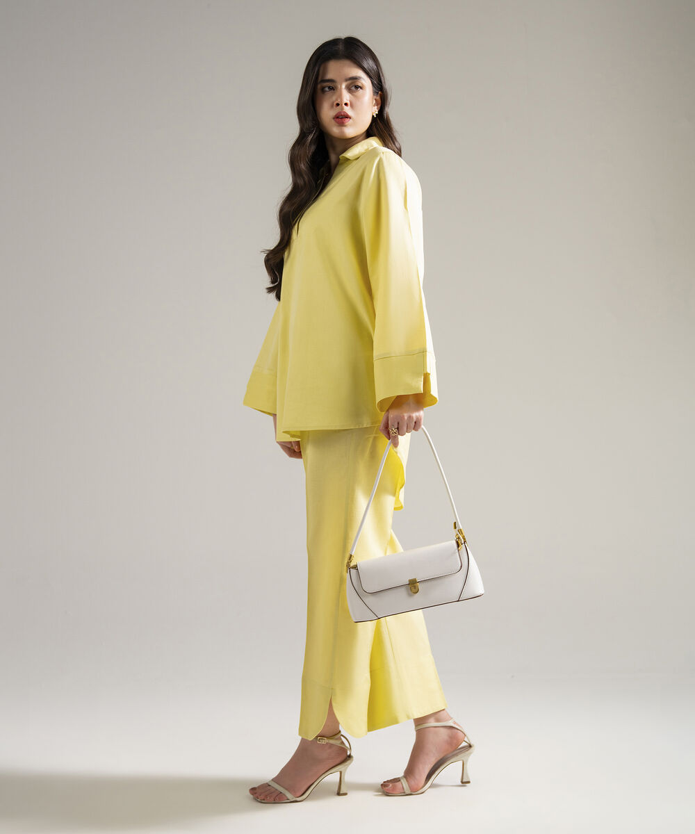 Women's RTW Cotton Linen Solid Lime Green 2 Piece Suit