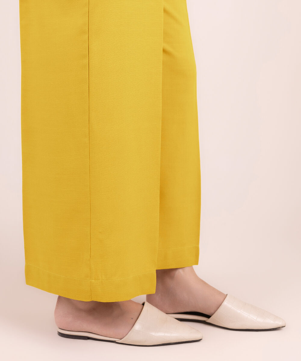 Women's RTW Textured Viscose Solid Yellow Culottes