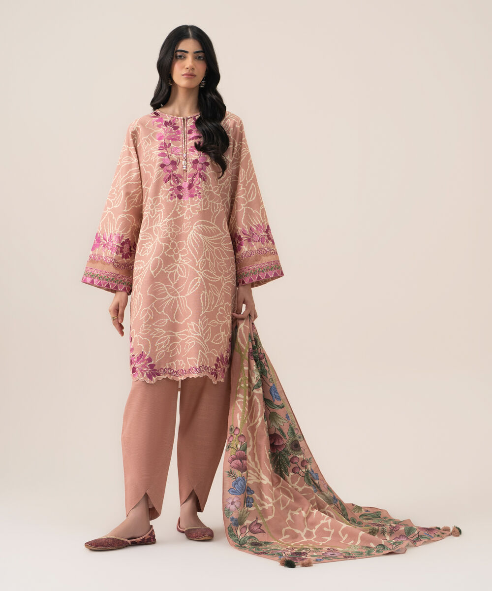 Women's Unstitched Lawn Embroidered Light Peach 3 Piece Suit
