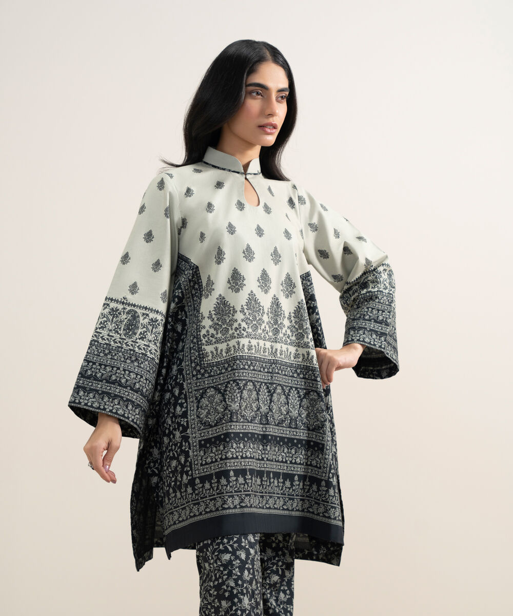 Women's Unstitched Lawn Printed Black and Off White 2 Piece Suit