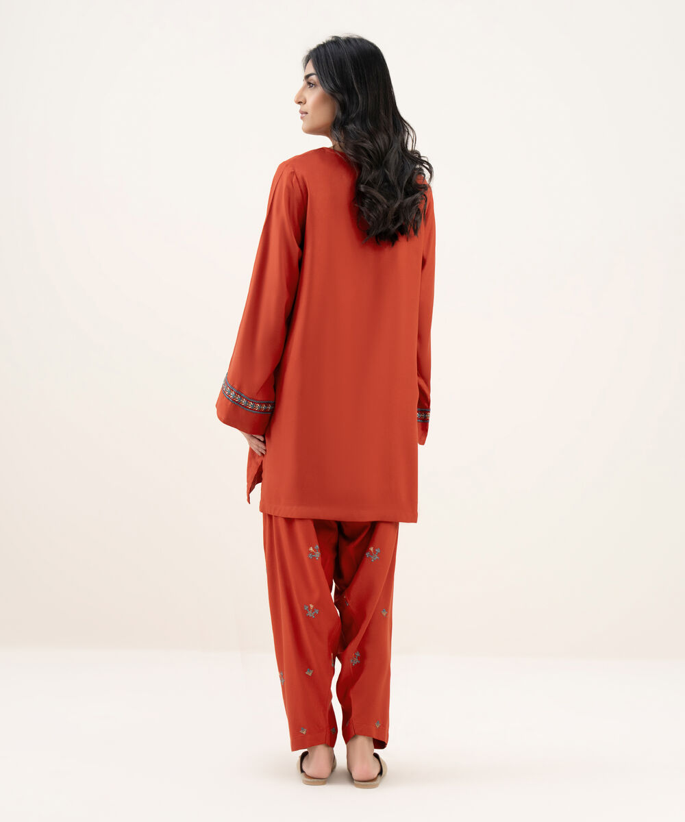 Women's RTW Khaddar Embroidered Straight Red Shirt
