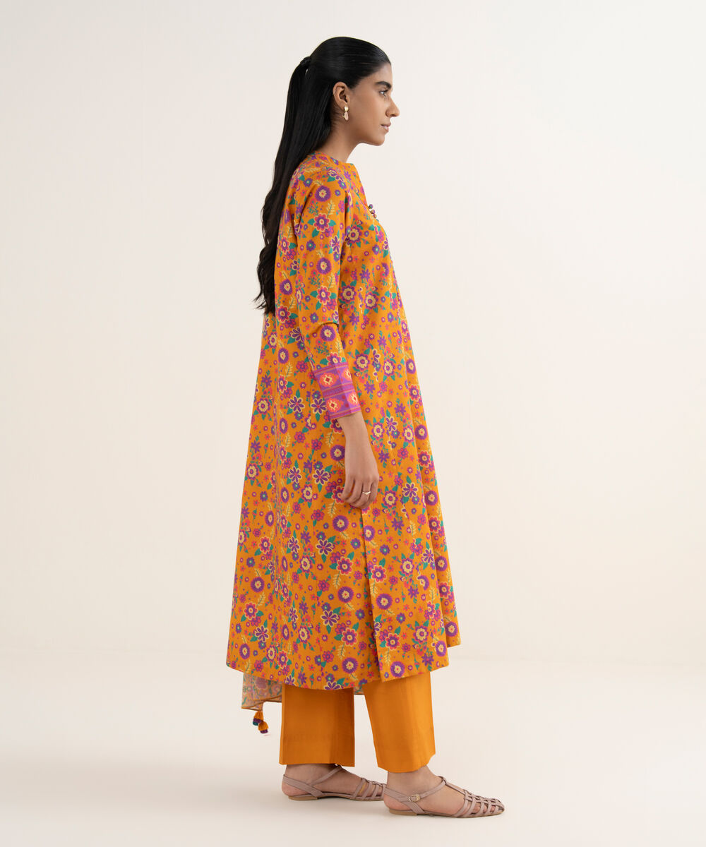 Women's Unstitched Lawn Printed Orange 3 Piece Suit