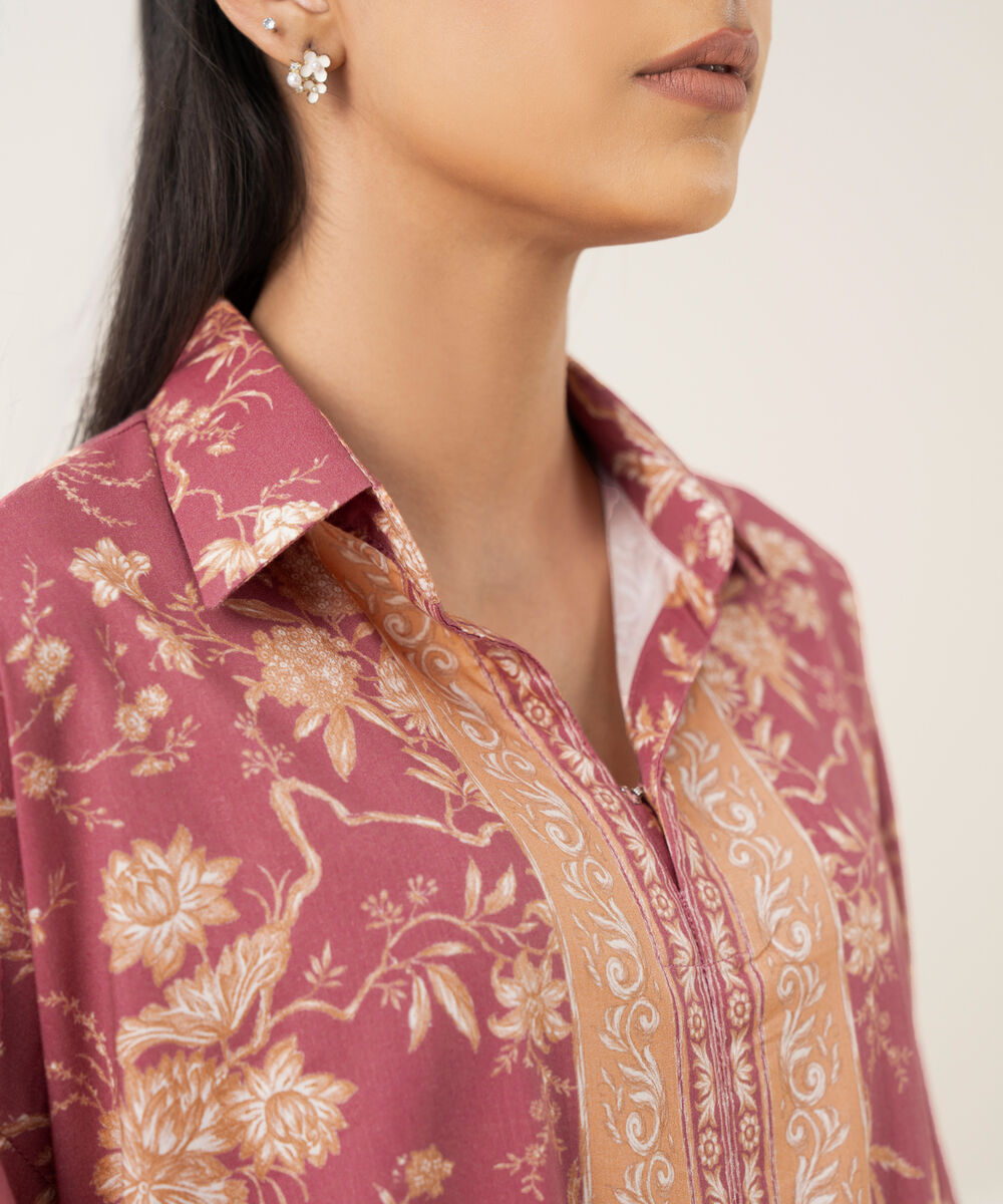 Women's RTW Lawn Printed Pink Drop Shoulder Shirt