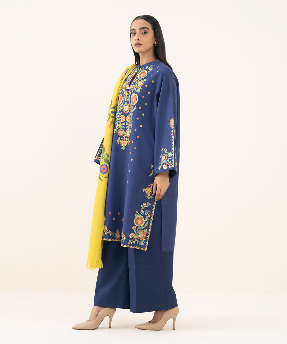Women's Unstitched Embroidered Khaddar Blue 3 Piece Suit