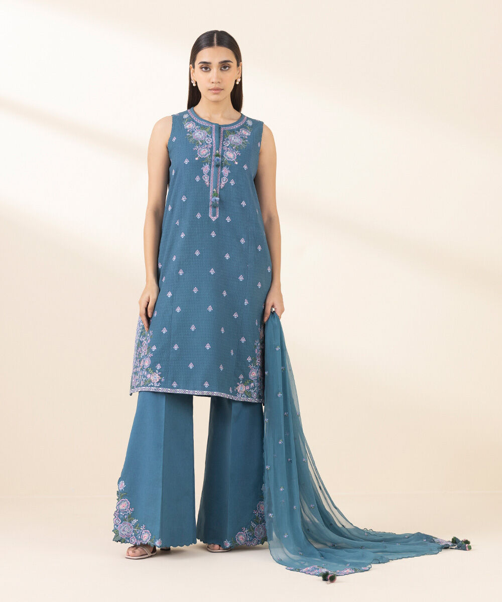 Unstitched Women's Embroidered Dobby Blue Three Piece Suit