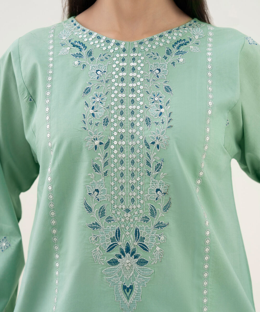 Women's Unstitched Cotton Embroidered Green 3 Piece Suit