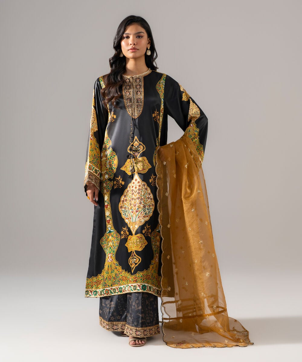 Women's RTW Blended Satin Embroidered Black 3 Piece Suit