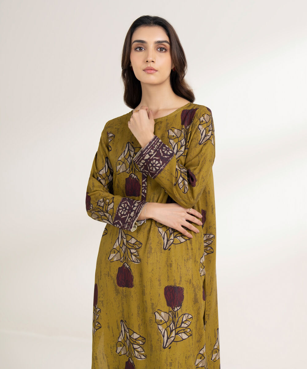 Women's RTW Viscose Linen Printed Straight Brown Shirt