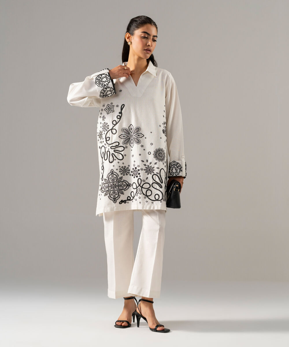 Women's RTW Cotton Linen Embroidered Off White 2 Piece Suit