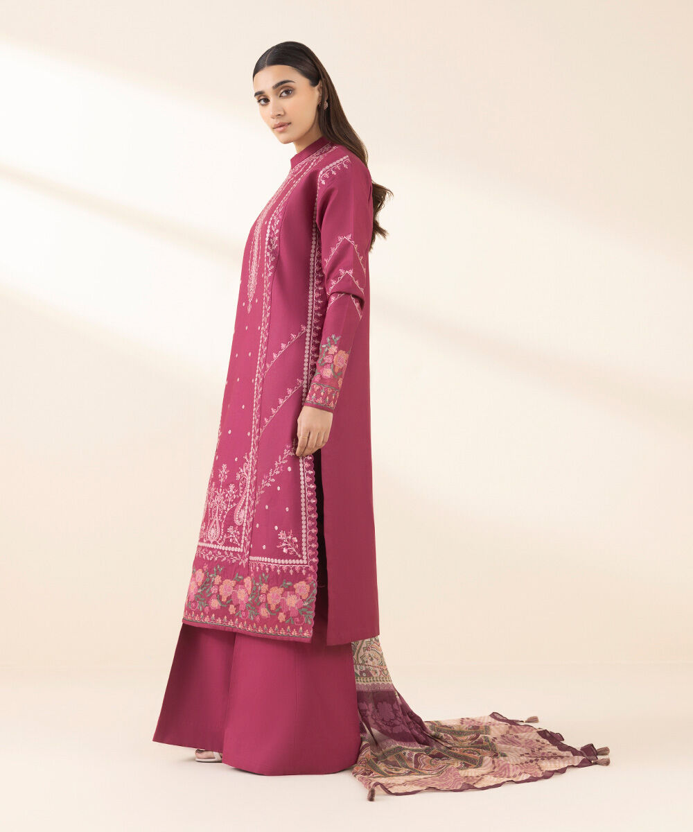 Women's Unstitched Embroidered Cotton Pink 3 Piece Suit