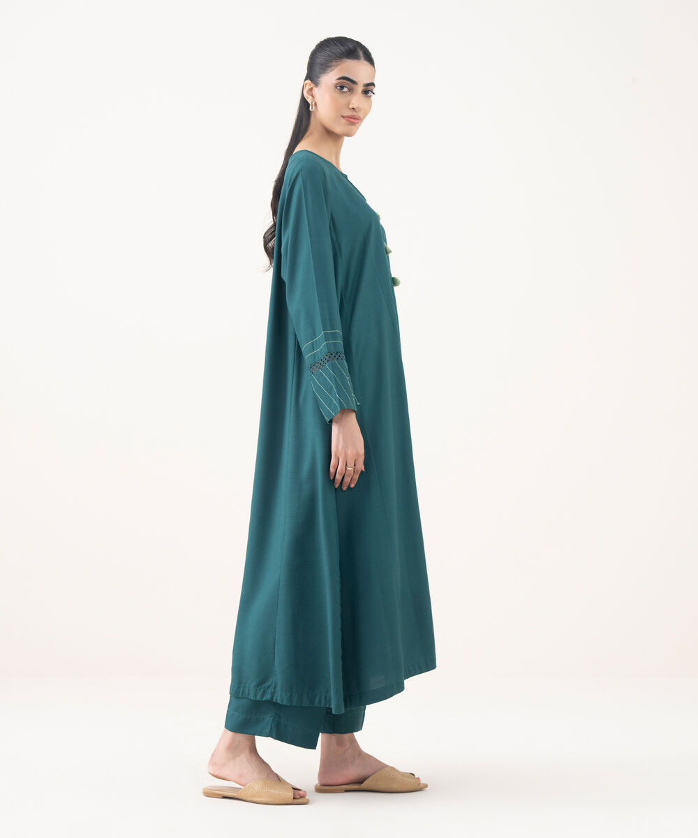 Women's RTW Khaddar Solid Green A-Line Shirt