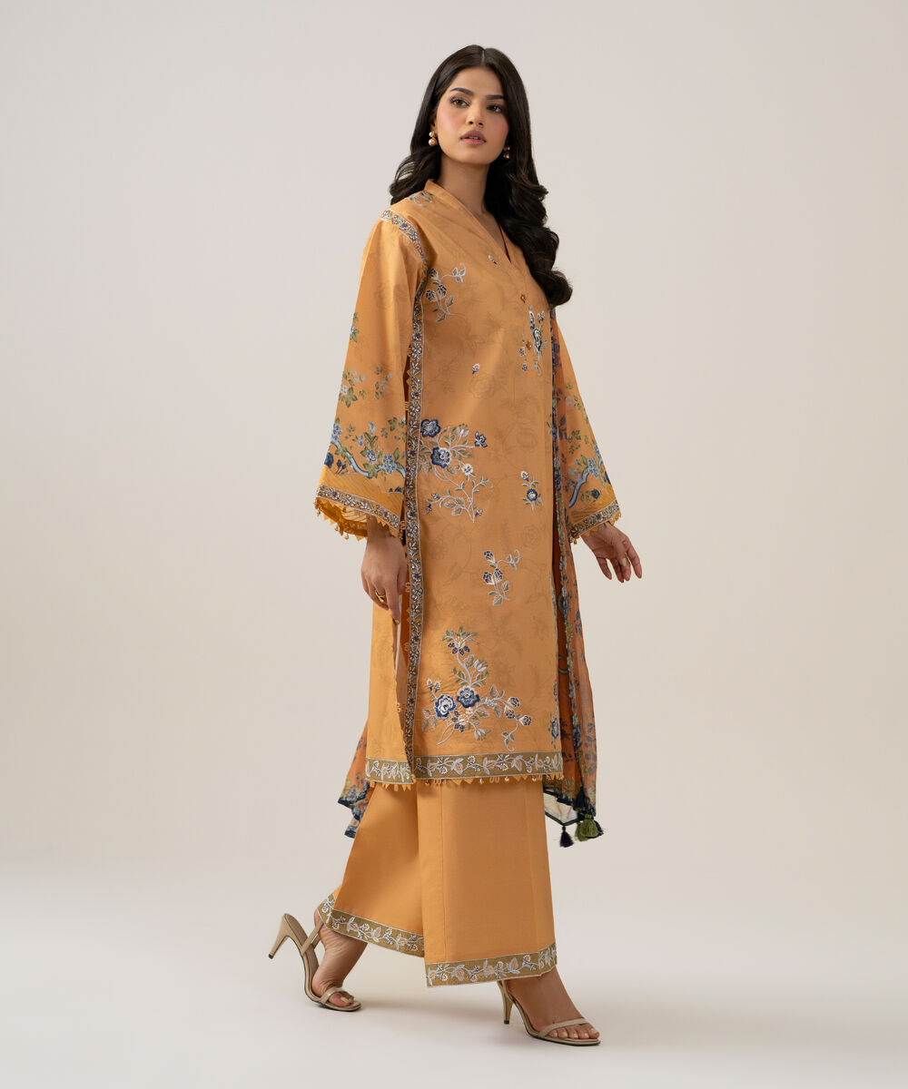 Women's Unstitched Blended Chiffon Embroidered Peach 3 Piece Suit