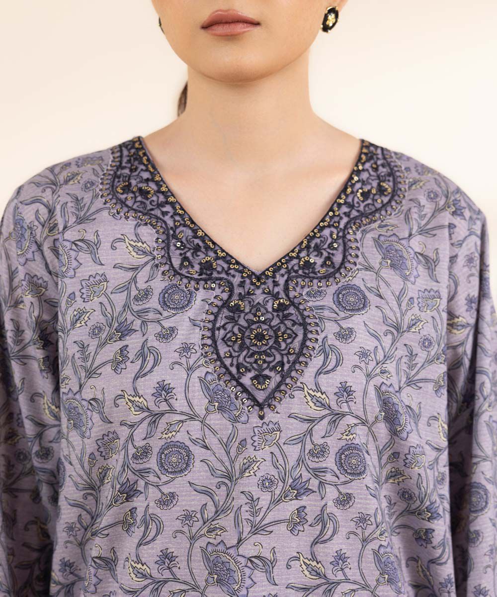 Women's RTW Lawn Purple Embroidered A-Line Shirt